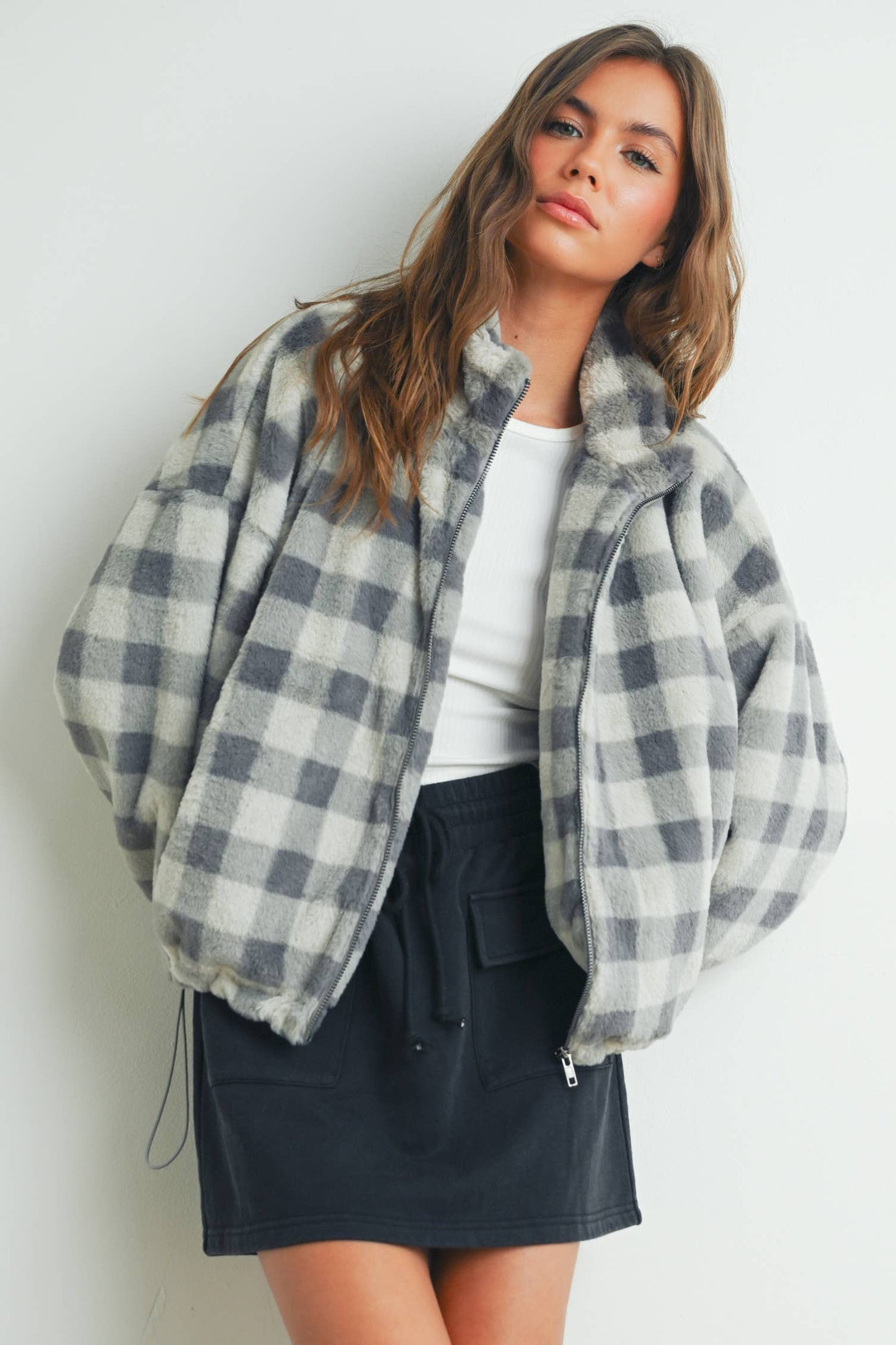 Fall Drop Shoulder Plaid Fall Jacket - BMJ7504